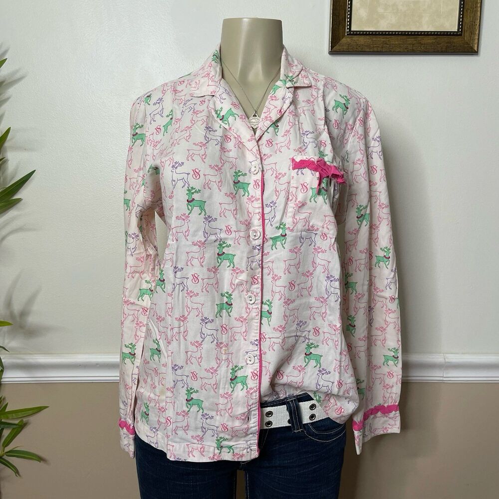Victoria's Secret Y2K Vintage Christmas Reindeer Print Flannel PJ Top